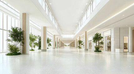 Fototapeta premium Modern Empty Shopping Mall Hallway With Plants And Natural Light