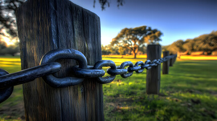 Naklejka premium Rustic Wooden Fence with Dark Chain in a Country Field