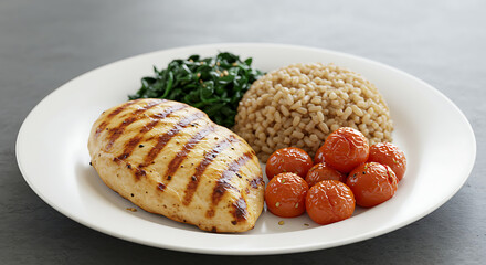 Grilled chicken breast served with spinach, brown rice, and roasted cherry tomatoes on a white plate, offering a balanced and healthy meal option.