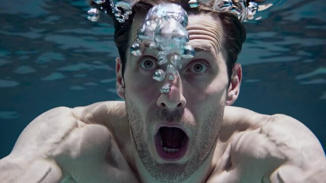 Close up man face underwater expresses shock surprise wide eyes open mouth bubbles rising suggests panic fear drowning suffocation intense emotion critical situation
