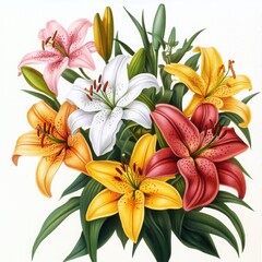 Fototapeta premium Lily flowers bouquet colorful bloom on white background