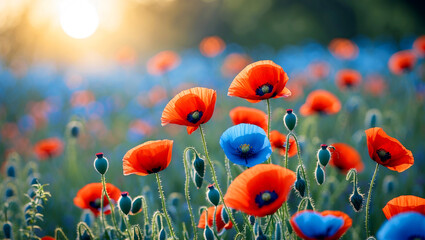 Obraz premium Vibrant red and blue poppies in sunlit field