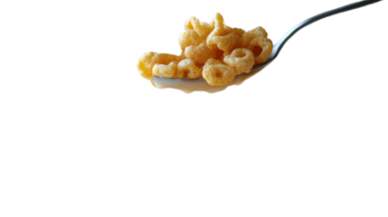 A spoonful of cereal with milk perfect for breakfast or snack time imagery