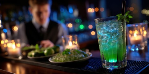 Creative bartender prepares a vibrant cocktail with mint and lime during a lively evening at a modern bar