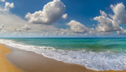 Fototapeta premium Quiet Sunny and Cloudy Beach | Waves, Sand, Warm Toned, Photo Angle