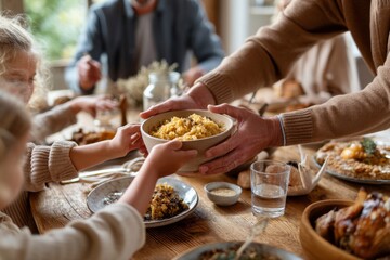 A family shares a hearty meal around a rustic table, celebrating a special occasion together.
