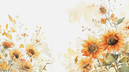 watercolor botanical Sunflower flowers texture template background.Elegant wedding invitation card background . Minimal hand painted Design for wedding or Valentine's Day