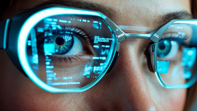 Woman's eye through futuristic augmented reality glasses - Powered by Adobe