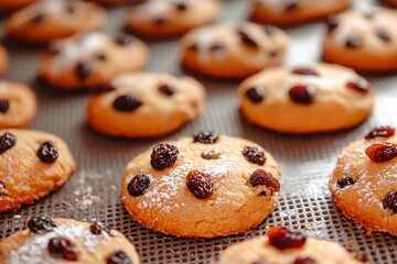 Cookies are cooling on a wire rack, adorned with raisins and a light dusting of powdered sugar. The warm colors create a cozy and inviting kitchen atmosphere