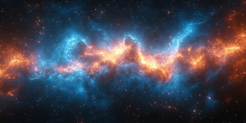 Naklejka premium Vibrant cosmic nebula illuminated by swirling blue and orange gases in deep space