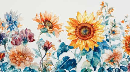 watercolor botanical Sunflower flowers texture template background.Elegant wedding invitation card background . Minimal hand painted Design for wedding or Valentine's Day