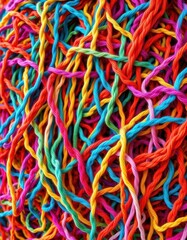A vibrant, chaotic tangle of colorful crochet threads and yarns on a bobina, colorful yarn, hobby, knitting