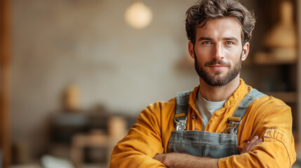 A confident handyman poses with a screwdriver against a beige background, ready for repair tasks