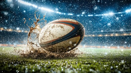 Muddy rugby ball splashes down on green field, stadium lights shine brightly