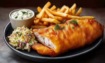 Delicious Fried Fish and Chips Meal Served with Cole Slaw