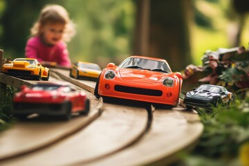 Child playing with toy cars on a wooden track in a garden during a sunny afternoon