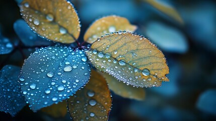 Closeup of dew drops on autumn leaves blue and yellow tones wet leaf fall view gold macro water plant