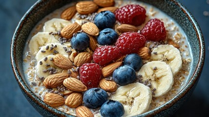 Oatmeal bowl berries, bananas, almonds, seeds. Healthy breakfast close-up view
