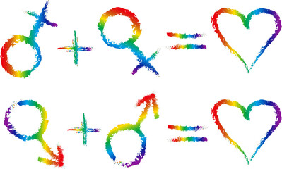 isolated love formula lgbt rainbow colors vector set gender heart plus equal signs men women brush marker drawn elements on white background
