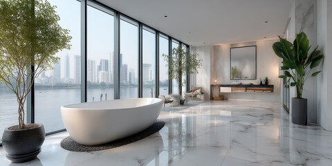Minimalist Bathroom With a Freestanding Bath Overlooking the City Skyline and Water