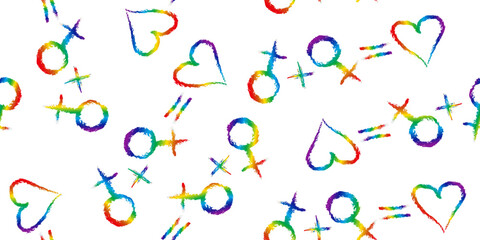 lesbian love formula lgbt rainbow colors pattern seamless vector design female symbols heart plus equal signs brush marker drawn on white background