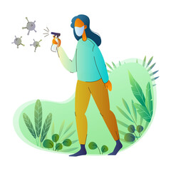 Flat vector illustration of a woman in face mask spraying antiseptic at germs. Full body view with decorative plants in the background. Concept of hygiene and health protection.