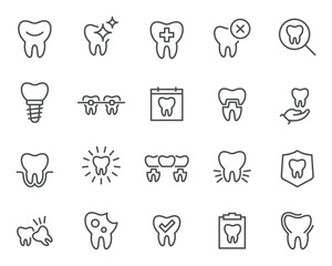 Editable vector icon set on the theme of dentistry in a linear style. It includes icons of teeth, implants, treatments, X-rays, and much more, ready to use.