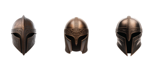  vintage helmets displaying intricate designs and historic metal craftsmanship 