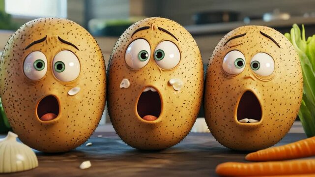 Cartoon scared potato in the kitchen before cooking,