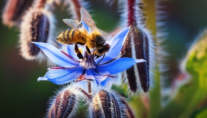 Honey bee collecting nectar pollen from a Borago officinalis wild flower