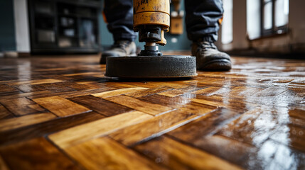 A professional operates a floor polishing machine to refine and finish wooden parquet surfaces