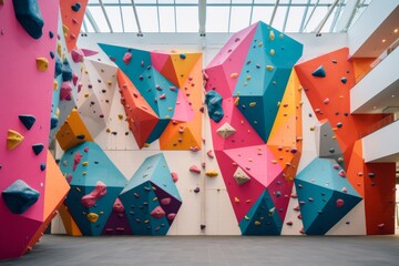 indoor artificial rock climbing walls with colored holds no people