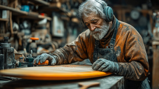 A serious master in a respirator sands a surfboard edge with precision in a well-equipped workshop