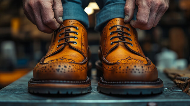 A shoemaker works up close with leather fabric, showcasing craftsmanship in a workshop setting