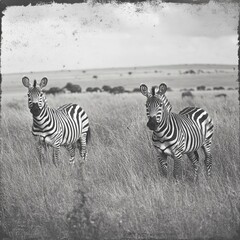 Fototapeta premium Zebras in Tanzania, vintage photo.
