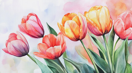 Fototapeta premium watercolor botanical Tulip flowers texture template background.Elegant wedding invitation card background . Minimal hand painted Design for wedding or Valentine's Day 
