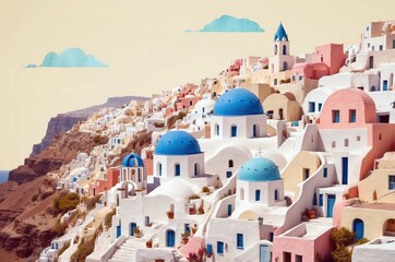 Fototapeta premium Beautiful Santorini village with white houses and blue domes during a clear day in Greece's Aegean Sea region