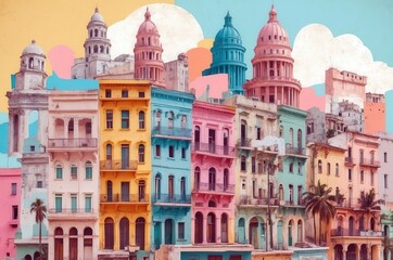 Obraz premium Colorful buildings with domed roofs in a historic cityscape under a bright sky in Cuba