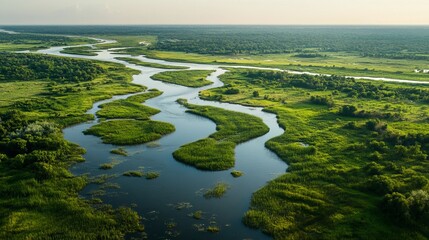 Aerial view of serene river winding through lush green landscape eco sky blue calm water birds trees