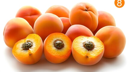 Juicy Apricots with Halved, and White Background.
