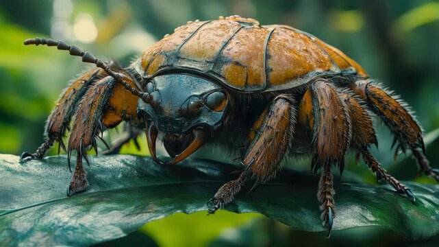 A detailed macro shot of a cockchafer beetle perched on a green leaf in a natural environment, showcasing its texture and features