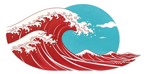 Obraz premium Dynamic wave crashing against a bright turquoise sky with contrasting mountains in the background during a serene day Generative AI , wave, ocean, sea, surf, coastline, mountains, turquoise