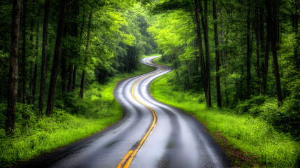 Fototapeta premium Winding Road Through Lush Green Forest After Rain