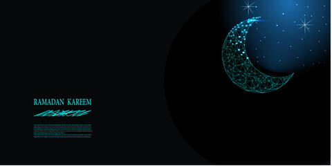 Abstract Islamic symbol crescent and star. Ramadan Kareem background. Low poly style design. Wireframe light connection structure