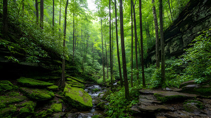 Fototapeta premium Tranquil Forest Stream Scene With Lush Green Trees