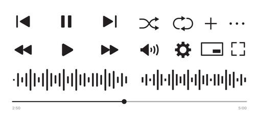 set of Black and white media control icons vector with transparent PNG background, multimedia interface buttons including play pause rewind skip forward settings volume sliders shuffle loop	
