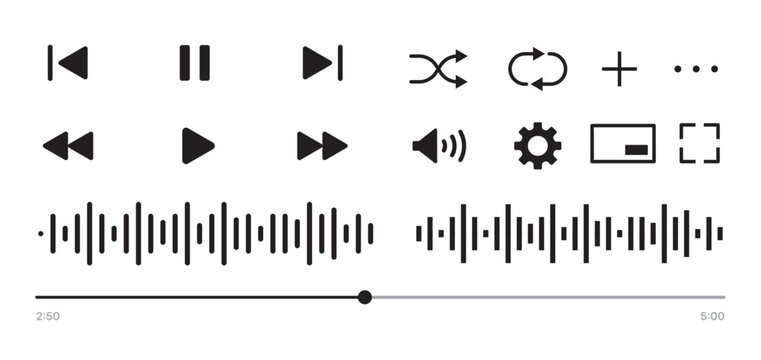 set of Black and white media control icons vector with transparent PNG background, multimedia interface buttons including play pause rewind skip forward settings volume sliders shuffle loop	
