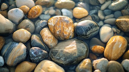 Smooth river rocks submerged in clear water natural background wet gray gold dark life light brown