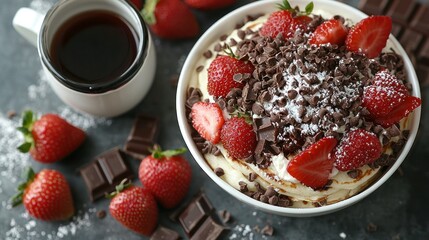 Pancakes topped with berries, chocolate chips, sugar, and coffee on a dark table