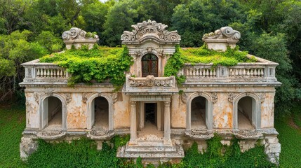 Fototapeta premium Overgrown, ornate building with vine-covered rooftop, dilapidated façade, and aged pillars